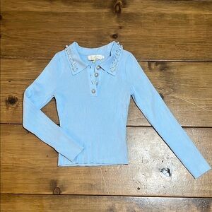 Blue and Silver Button Down Sweater with Fitted Sleeves